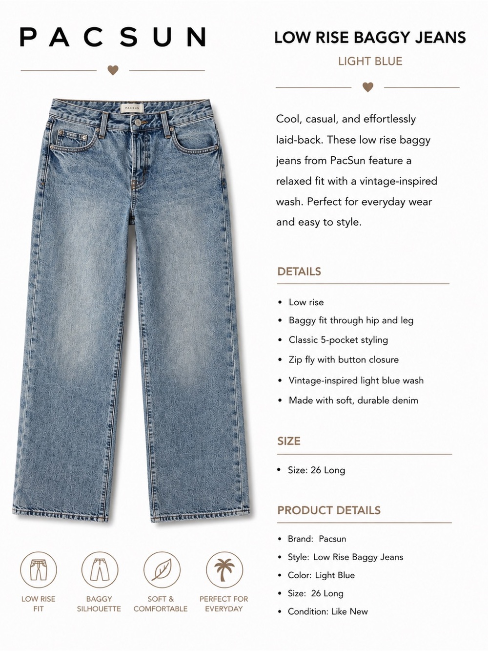 PacSun Light Blue Low Rise Baggy Jeans for Women — Vintage Wash 33” inseam